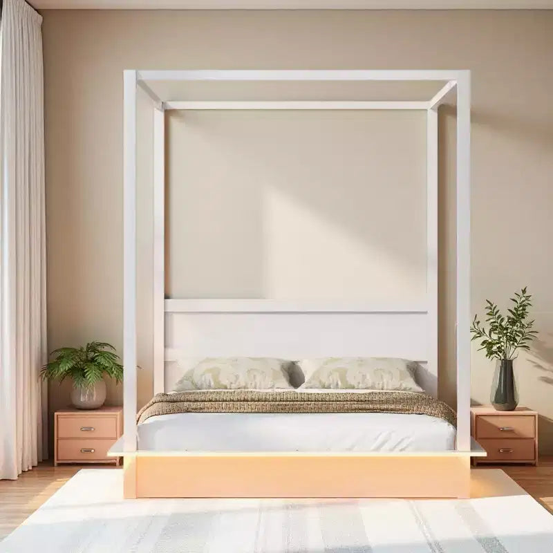 Modern LED Canopy Platform Bed Frame with Slats and Headboard