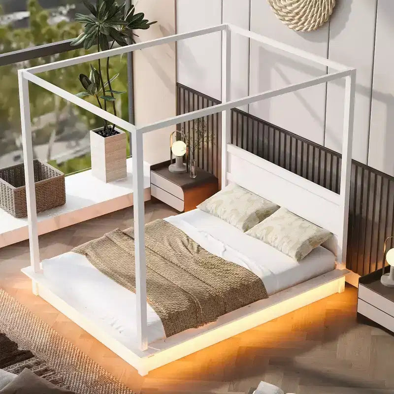 Modern LED Canopy Platform Bed Frame with Slats and Headboard
