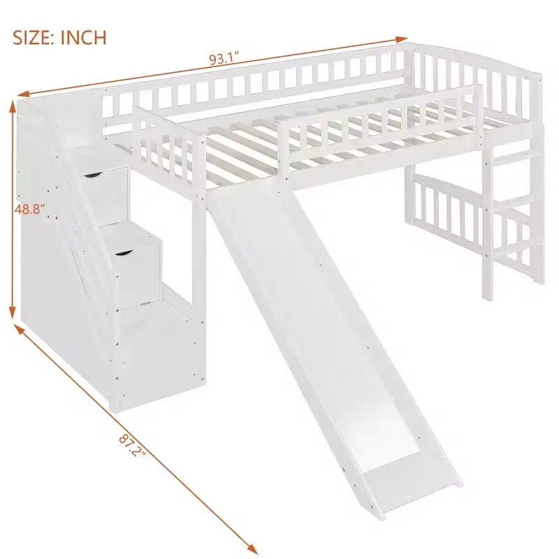 Struttura letto a soppalco Twin Size con scala, letto a soppalco basso in legno per bambini con cassetti