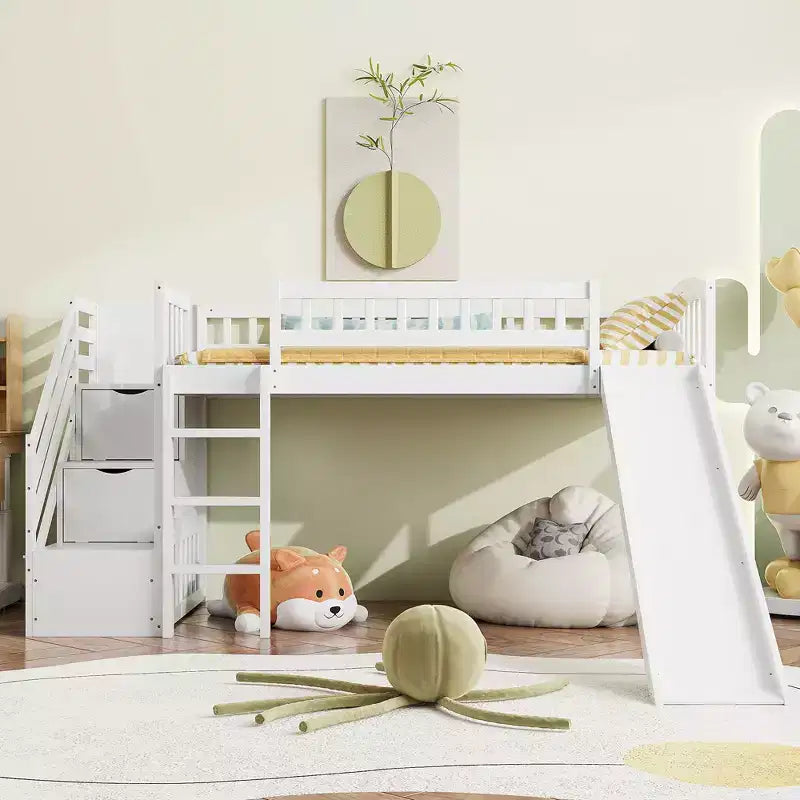 Struttura letto a soppalco Twin Size con scala, letto a soppalco basso in legno per bambini con cassetti