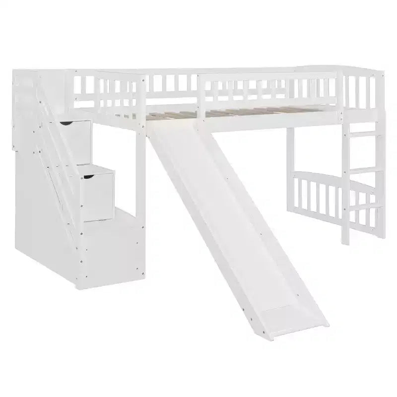 Struttura letto a soppalco Twin Size con scala, letto a soppalco basso in legno per bambini con cassetti