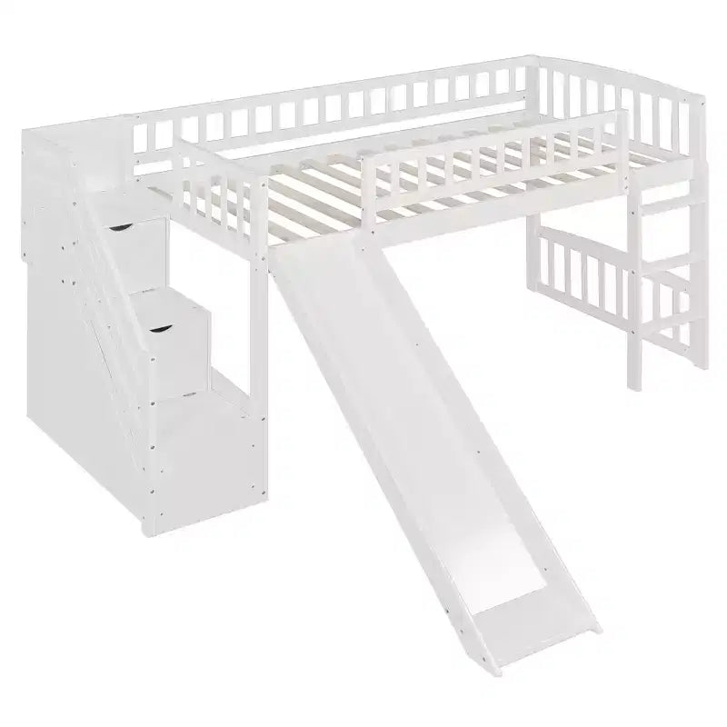 Struttura letto a soppalco Twin Size con scala, letto a soppalco basso in legno per bambini con cassetti