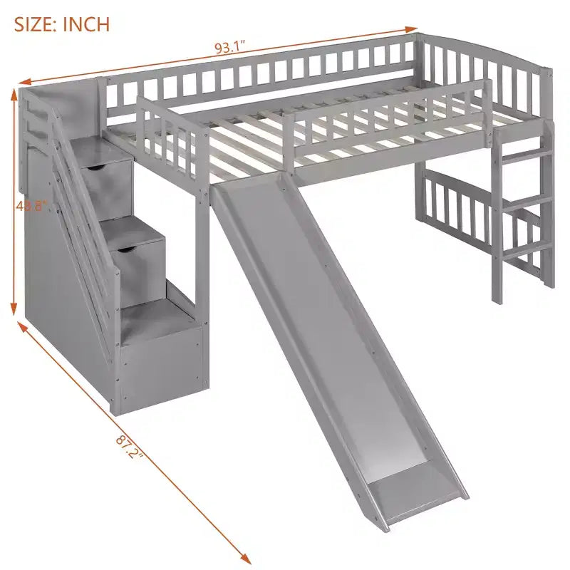 Struttura letto a soppalco Twin Size con scala, letto a soppalco basso in legno per bambini con cassetti