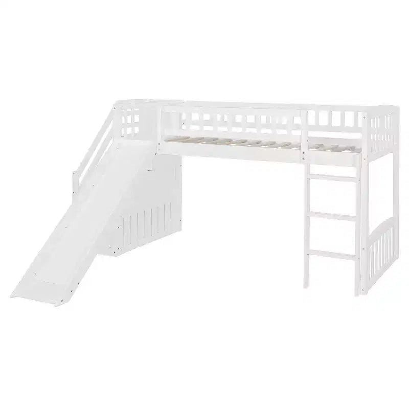Struttura letto a soppalco Twin Size con scala, letto a soppalco basso in legno per bambini con cassetti