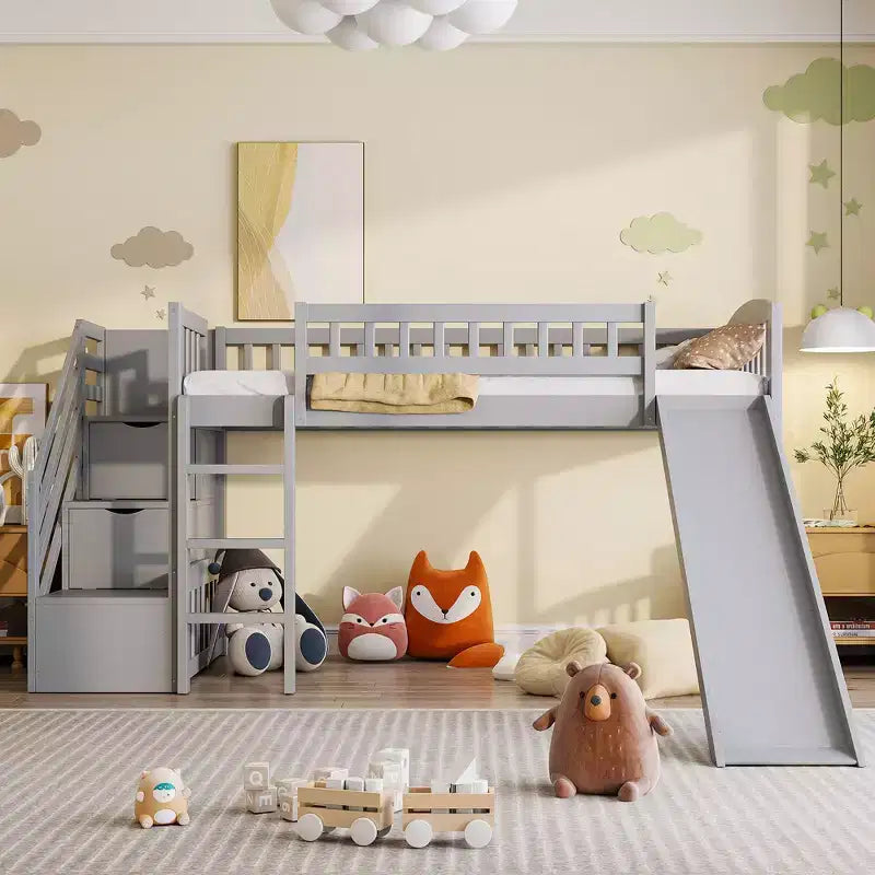 Struttura letto a soppalco Twin Size con scala, letto a soppalco basso in legno per bambini con cassetti