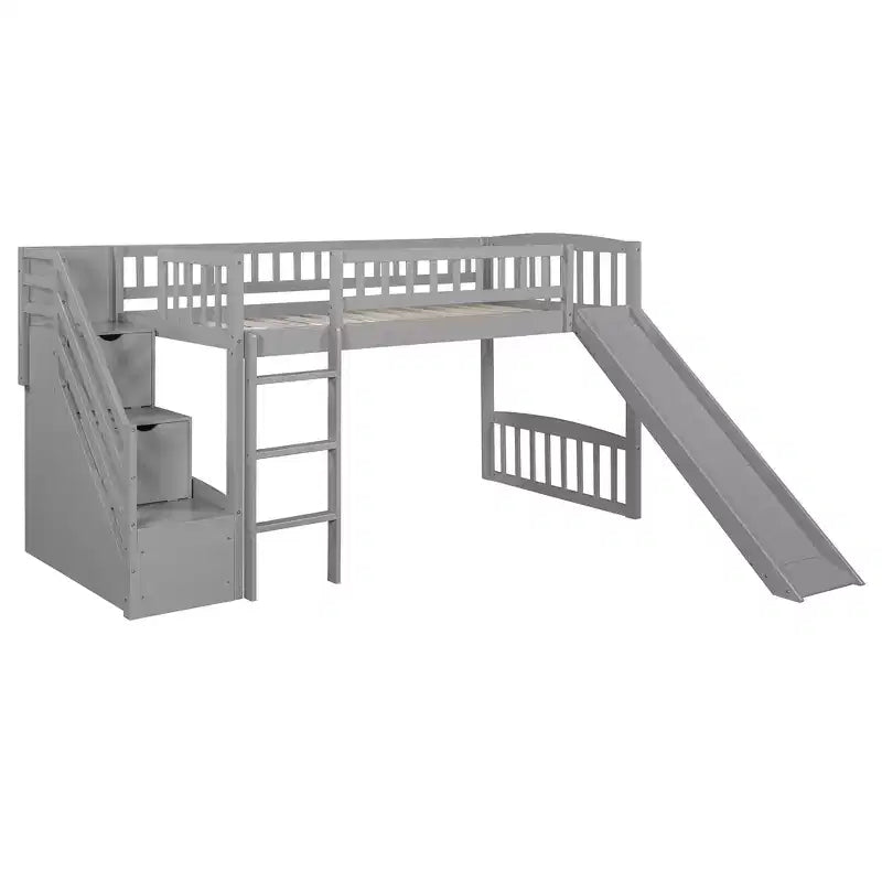 Struttura letto a soppalco Twin Size con scala, letto a soppalco basso in legno per bambini con cassetti