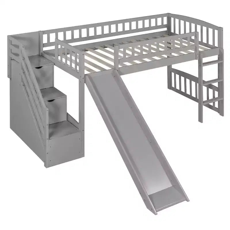 Struttura letto a soppalco Twin Size con scala, letto a soppalco basso in legno per bambini con cassetti