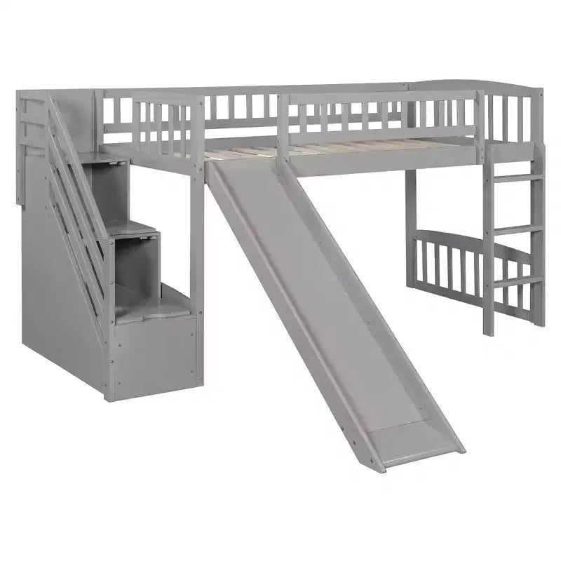 Struttura letto a soppalco Twin Size con scala, letto a soppalco basso in legno per bambini con cassetti
