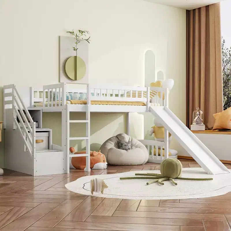 Struttura letto a soppalco Twin Size con scala, letto a soppalco basso in legno per bambini con cassetti