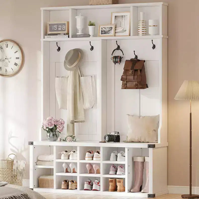 Panca appendiabiti da ingresso alta 193 cm con porta scarpe, panca da ingresso in stile rustico 4 in 1 con appendiabiti e 6 ganci, ripiano regolabile, panca da ingresso per la zona fangosa