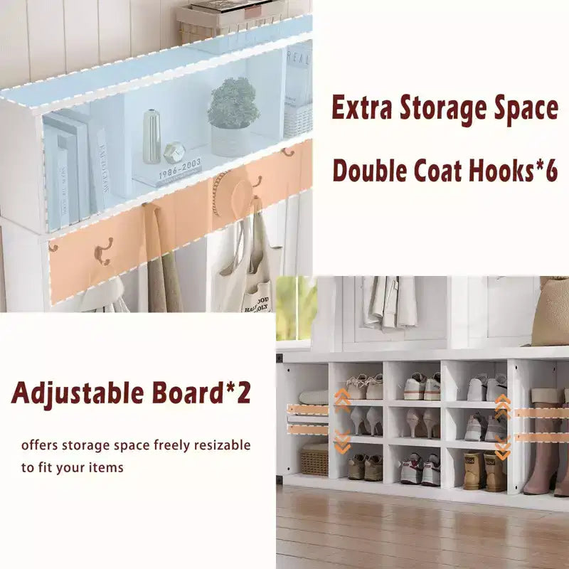 Panca appendiabiti da ingresso alta 193 cm con porta scarpe, panca da ingresso in stile rustico 4 in 1 con appendiabiti e 6 ganci, ripiano regolabile, panca da ingresso per la zona fangosa
