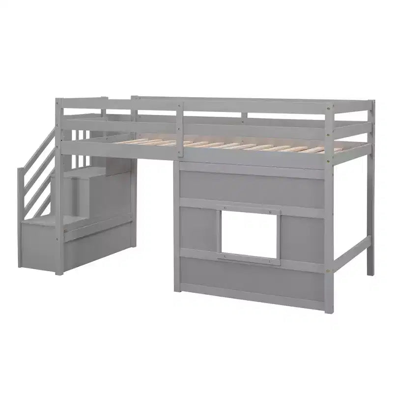 Letto a soppalco basso una piazza e mezza con scaletta contenitore e finestra, Struttura in legno per letto a soppalco con spazio sottostante per bambini e ragazzi