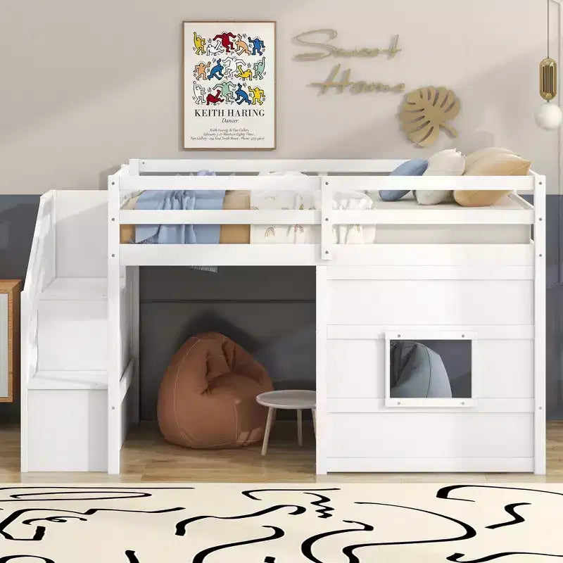 Letto a soppalco basso una piazza e mezza con scaletta contenitore e finestra, Struttura in legno per letto a soppalco con spazio sottostante per bambini e ragazzi