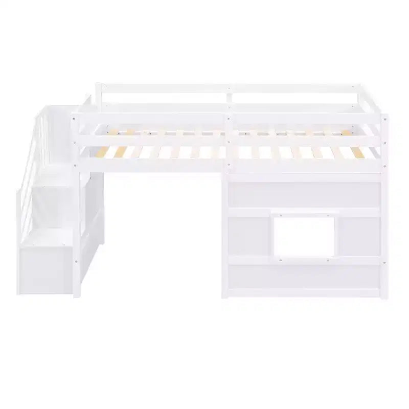 Letto a soppalco basso una piazza e mezza con scaletta contenitore e finestra, Struttura in legno per letto a soppalco con spazio sottostante per bambini e ragazzi