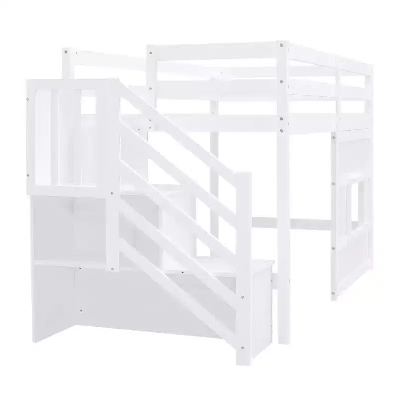 Letto a soppalco basso una piazza e mezza con scaletta contenitore e finestra, Struttura in legno per letto a soppalco con spazio sottostante per bambini e ragazzi