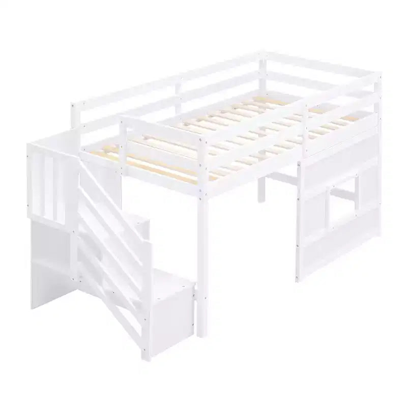 Letto a soppalco basso una piazza e mezza con scaletta contenitore e finestra, Struttura in legno per letto a soppalco con spazio sottostante per bambini e ragazzi
