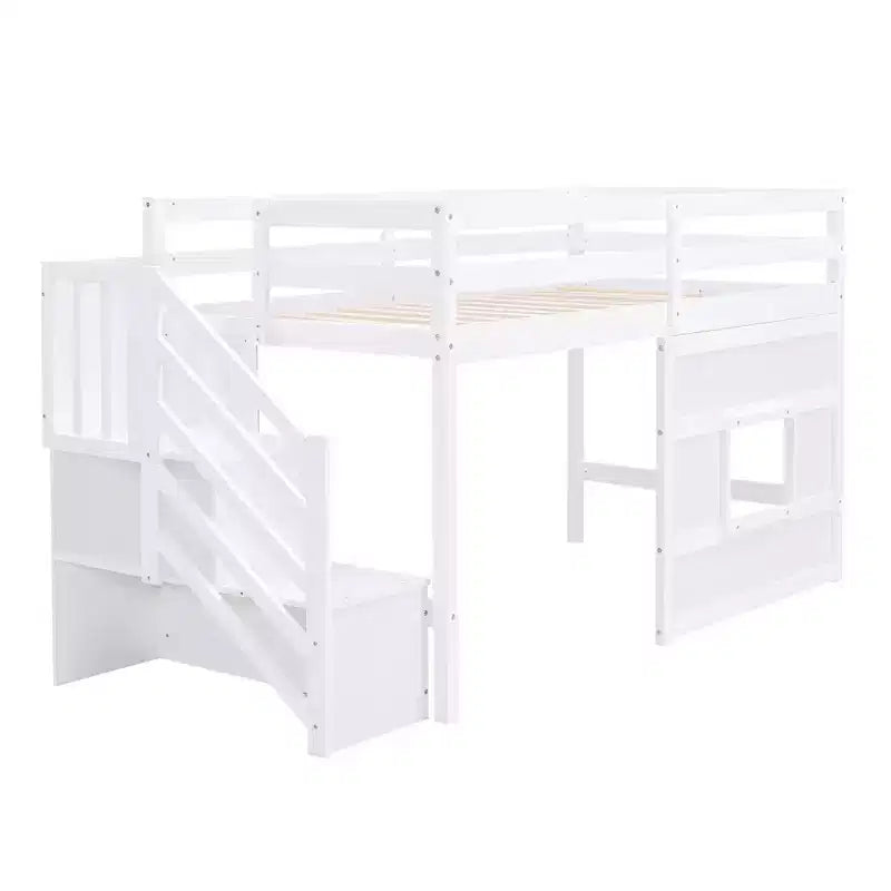 Letto a soppalco basso una piazza e mezza con scaletta contenitore e finestra, Struttura in legno per letto a soppalco con spazio sottostante per bambini e ragazzi