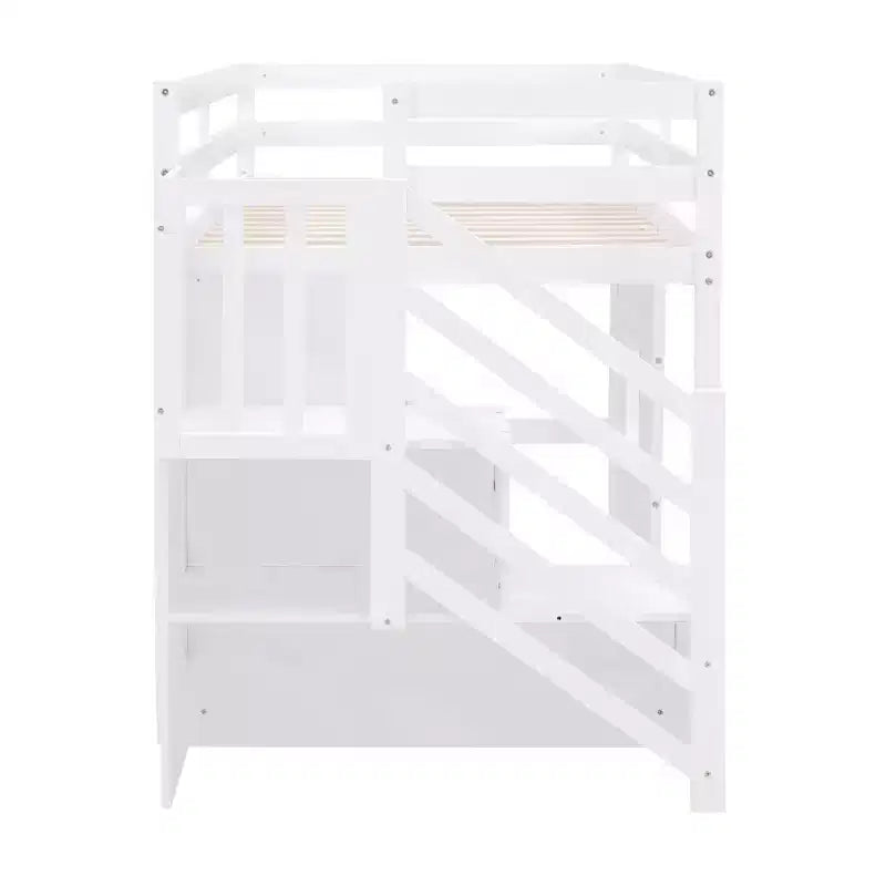 Letto a soppalco basso una piazza e mezza con scaletta contenitore e finestra, Struttura in legno per letto a soppalco con spazio sottostante per bambini e ragazzi