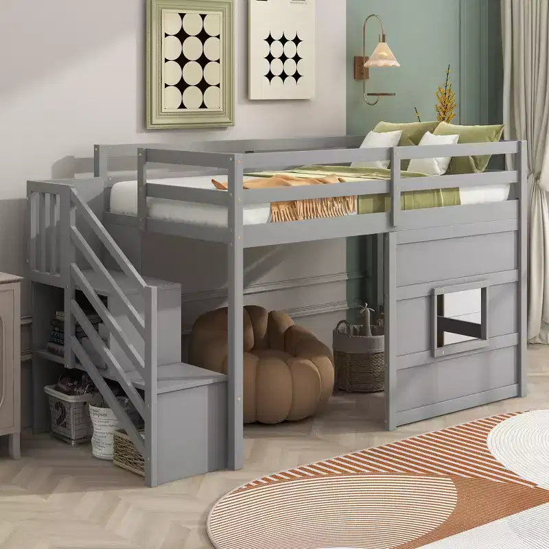 Letto a soppalco basso una piazza e mezza con scaletta contenitore e finestra, Struttura in legno per letto a soppalco con spazio sottostante per bambini e ragazzi