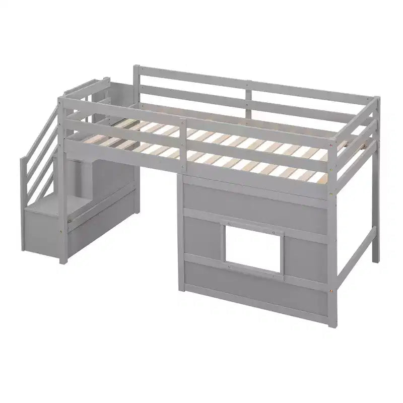 Letto a soppalco basso una piazza e mezza con scaletta contenitore e finestra, Struttura in legno per letto a soppalco con spazio sottostante per bambini e ragazzi