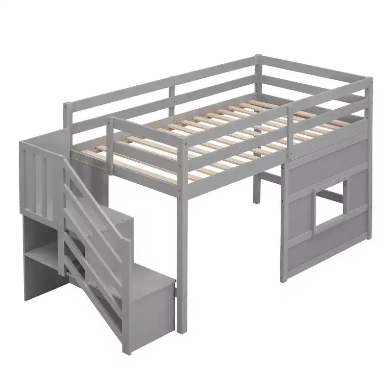 Letto a soppalco basso una piazza e mezza con scaletta contenitore e finestra, Struttura in legno per letto a soppalco con spazio sottostante per bambini e ragazzi