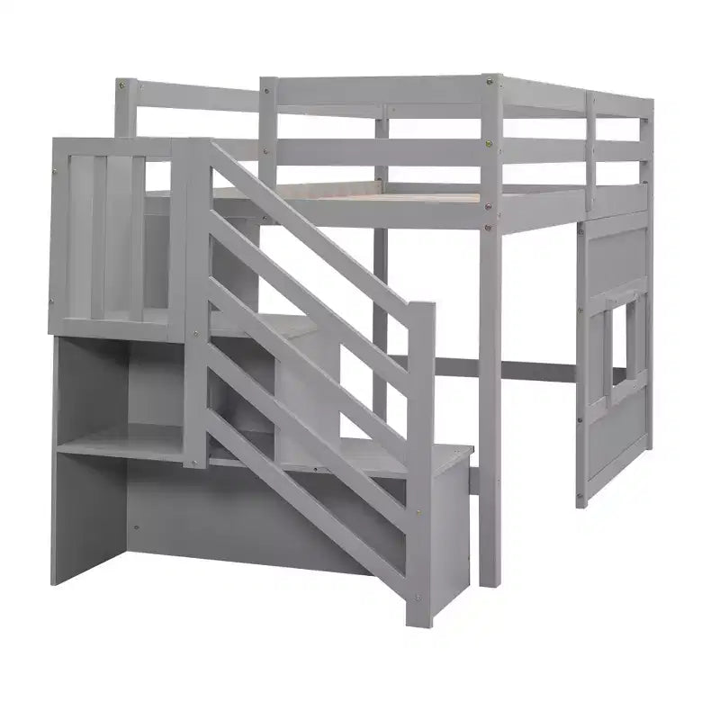 Letto a soppalco basso una piazza e mezza con scaletta contenitore e finestra, Struttura in legno per letto a soppalco con spazio sottostante per bambini e ragazzi