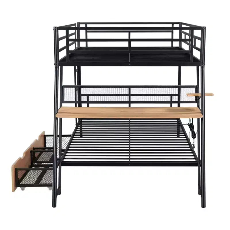 Letto a castello in metallo a una piazza e mezza con scrivania, letto a castello in metallo resistente a una piazza e mezza con luce e 2 cassetti, nero
