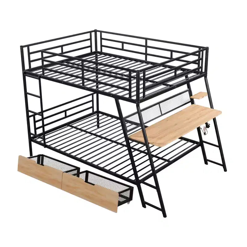 Letto a castello in metallo a una piazza e mezza con scrivania, letto a castello in metallo resistente a una piazza e mezza con luce e 2 cassetti, nero