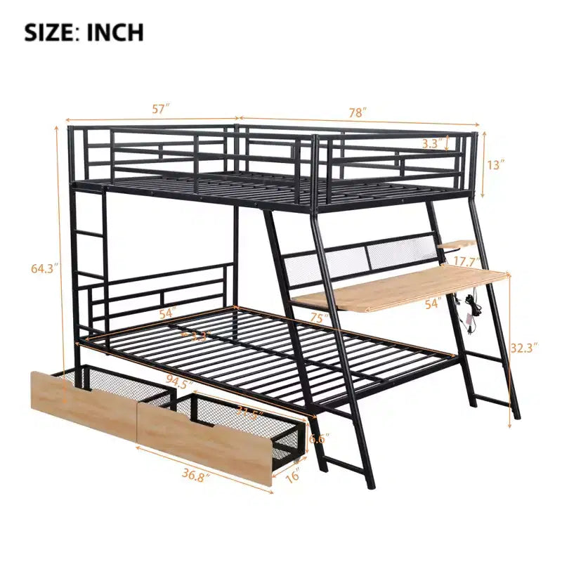 Letto a castello in metallo a una piazza e mezza con scrivania, letto a castello in metallo resistente a una piazza e mezza con luce e 2 cassetti, nero