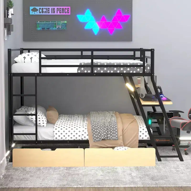Letto a castello in metallo a una piazza e mezza con scrivania, letto a castello in metallo resistente a una piazza e mezza con luce e 2 cassetti, nero