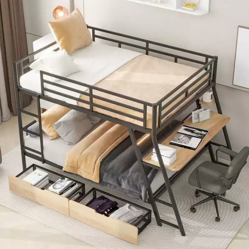 Letto a castello in metallo a una piazza e mezza con scrivania, letto a castello in metallo resistente a una piazza e mezza con luce e 2 cassetti, nero