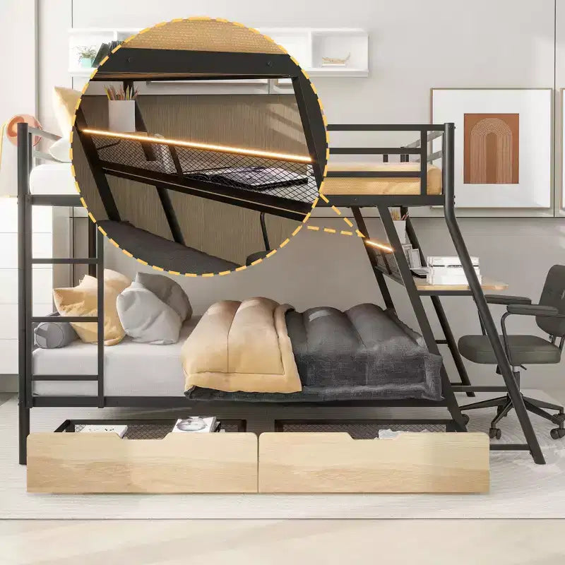 Letto a castello in metallo a una piazza e mezza con scrivania, letto a castello in metallo resistente a una piazza e mezza con luce e 2 cassetti, nero