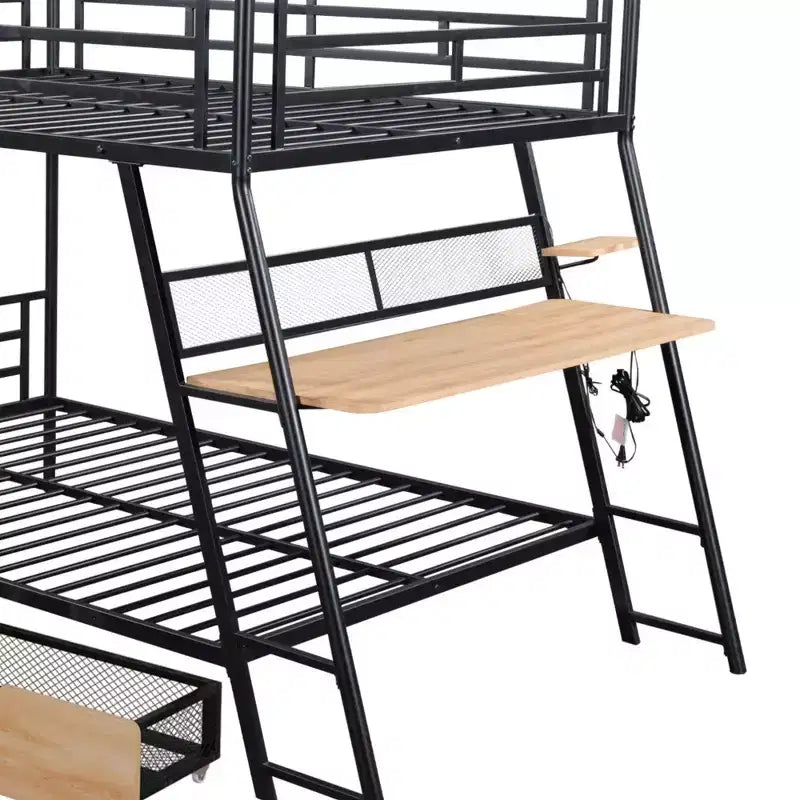 Letto a castello in metallo a una piazza e mezza con scrivania, letto a castello in metallo resistente a una piazza e mezza con luce e 2 cassetti, nero