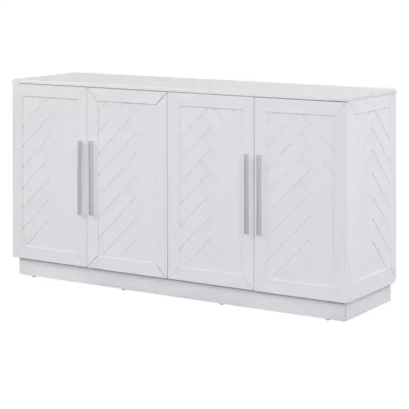 Credenza da Cucina con Mobile Contenitore, Ripiani Regolabili e Maniglie Argentate per Sala da Pranzo, Bianco