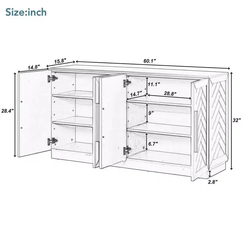 Credenza da Cucina con Mobile Contenitore, Ripiani Regolabili e Maniglie Argentate per Sala da Pranzo, Bianco