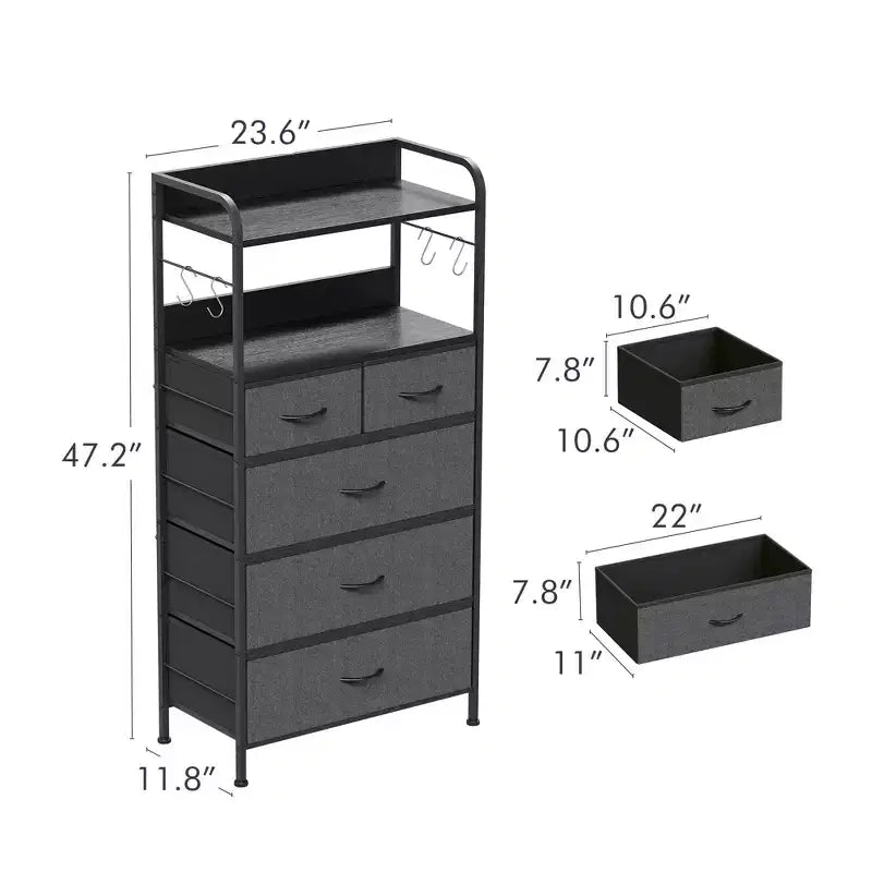 Comodino alto da camera con 5 cassetti, cassettiera verticale con 2 ripiani aperti, cassettiera con aste appendiabiti, per piccoli spazi