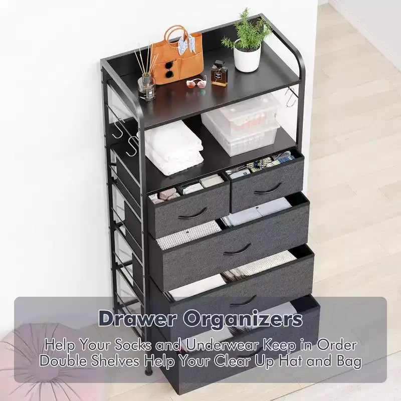 Comodino alto da camera con 5 cassetti, cassettiera verticale con 2 ripiani aperti, cassettiera con aste appendiabiti, per piccoli spazi