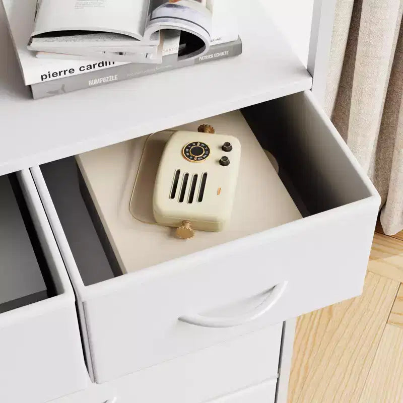 Comodino alto da camera con 5 cassetti, cassettiera verticale con 2 ripiani aperti, cassettiera con aste appendiabiti, per piccoli spazi