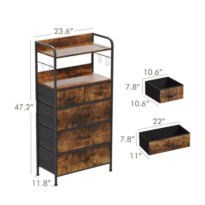 Tall Dresser for Bedroom with 5 Drawers, Vertical Dresser with 2-Tier Open Shelves, Chest of Drawers with Hanging Racks, Small Space