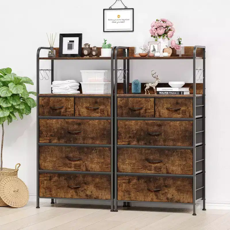 Tall Dresser for Bedroom with 5 Drawers, Vertical Dresser with 2-Tier Open Shelves, Chest of Drawers with Hanging Racks, Small Space