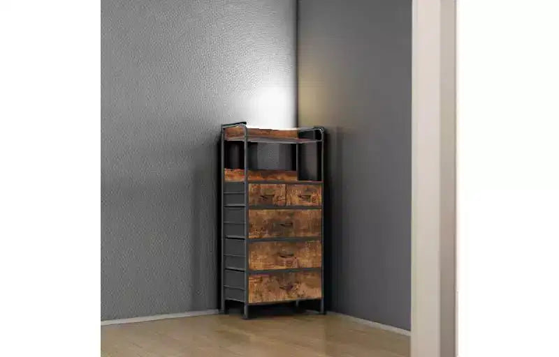 Tall Dresser for Bedroom with 5 Drawers, Vertical Dresser with 2-Tier Open Shelves, Chest of Drawers with Hanging Racks, Small Space