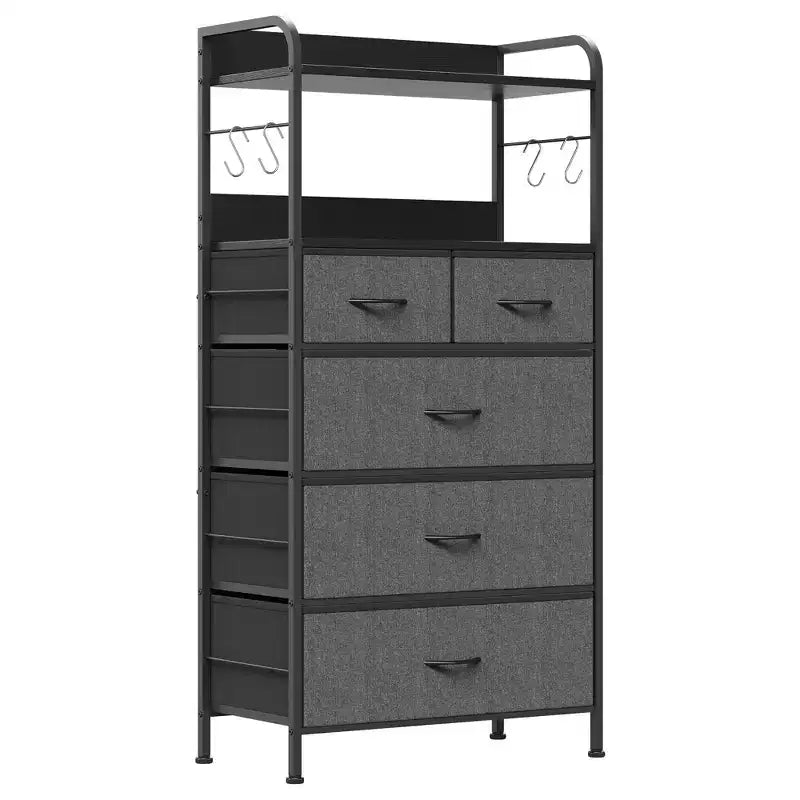 Tall Dresser for Bedroom with 5 Drawers, Vertical Dresser with 2-Tier Open Shelves, Chest of Drawers with Hanging Racks, Small Space