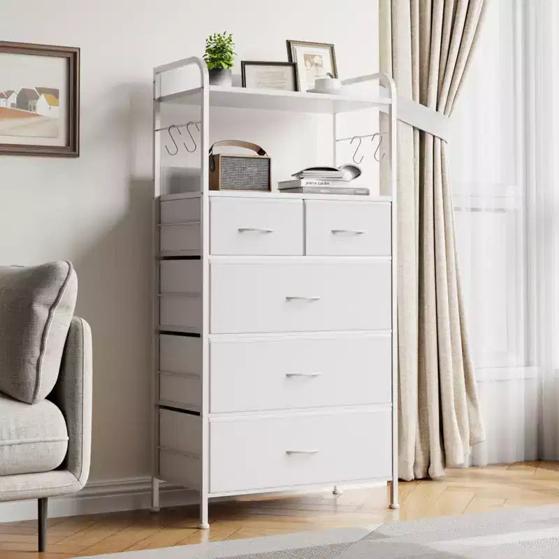 Tall Dresser for Bedroom with 5 Drawers, Vertical Dresser with 2-Tier Open Shelves, Chest of Drawers with Hanging Racks, Small Space