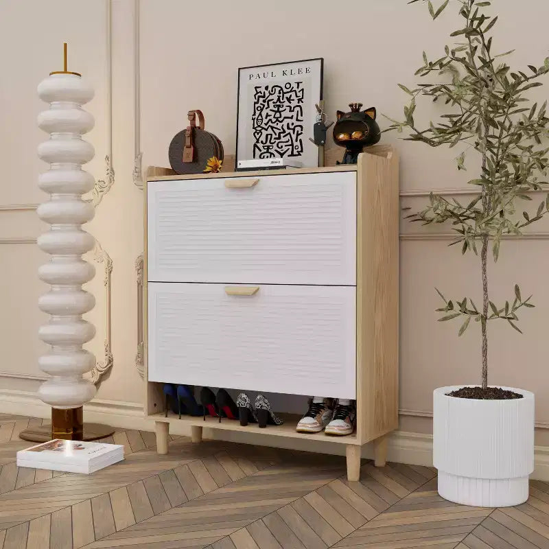 Scarpiera con 2 cassetti a ribalta e gambe in legno naturale, porta scarpe sottile salvaspazio per ingresso, corridoio