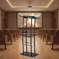 VEVOR Podium Stand, 47-Inch Metal Lectern, Curved Standing Podium with Wide Reading Surface, Open Storage Compartment, Book Stopper, Black