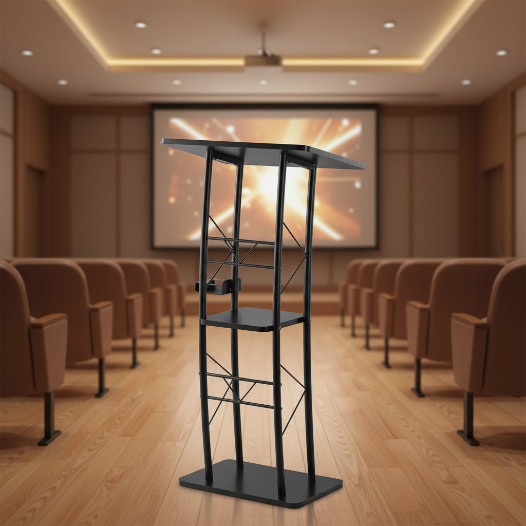 VEVOR Podium Stand, 47-Inch Metal Lectern, Curved Standing Podium with Wide Reading Surface, Open Storage Compartment, Book Stopper, Black