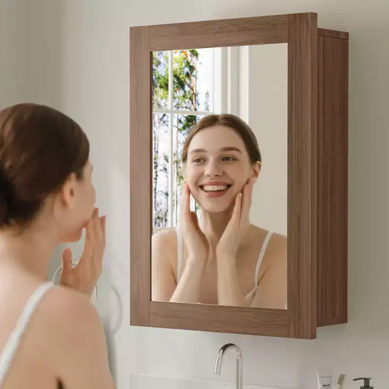 Specchio da bagno con armadietto contenitore, mobiletto da parete in legno con specchio e ripiani interni regolabili