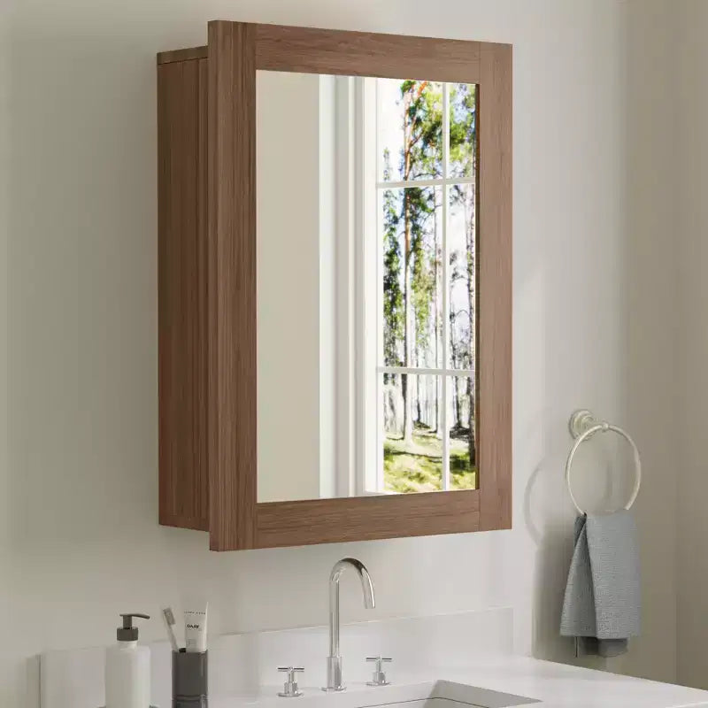 Bathroom Mirror with Storage Cabinet, Wooden Wall Cabinet with Mirror and Adjustable Interior Shelves