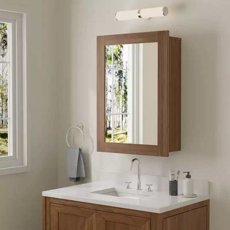 Specchio da bagno con armadietto contenitore, mobiletto da parete in legno con specchio e ripiani interni regolabili