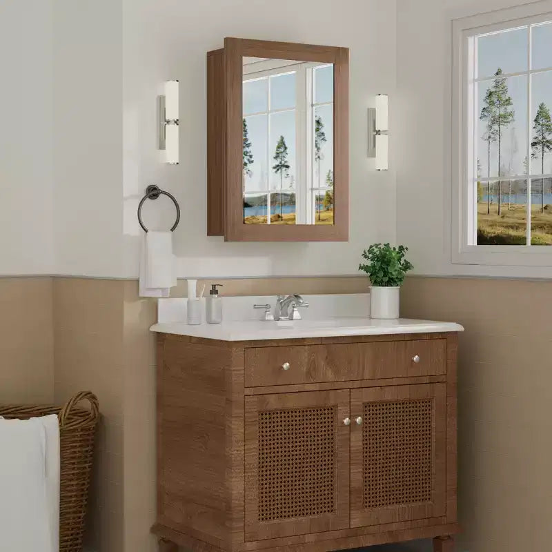 Specchio da bagno con armadietto contenitore, mobiletto da parete in legno con specchio e ripiani interni regolabili